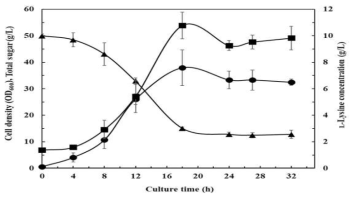 아밀레이즈 표면발현 시스템을 통한 라이신 생산 발효 결과 ■:라이신 ▲: 총 당량 ●: 세포농도