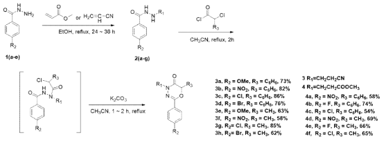 1,3,4-oxadiazin-5-ones 구조에 다양한 유도체 도입의 합성 과정