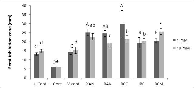 Semi-Inhibition zone of antibacterial agents in fluoride varnish of using agar diffusion test. Different uppercase letters are significantly different among 1 mM antibacterial agents in fluoride varnish and different lowercase letters are significantly different among 10 mM by Duncan’s multiple range test at α=0.05. + Cont (positive control): Ampiciln (10 ug/ml), - Cont (negative control): PBS, V cont (Vehicle control): DMSO in fluoride varnish