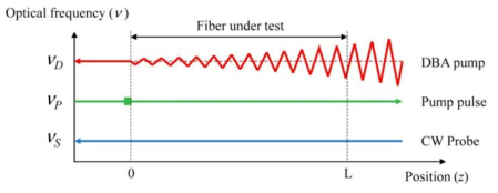 펌프 펄스, CW 프로브광, CW DBA 펌프광으로 구성된 High-SNR BOTDA 시스템의 개요. 펌프 펄스에 일정한 브릴루앙 이득을 주기 위해 DBA 펌프에 인가된 주파수 변조의 폭이 펌프 펄스가 진행함에 따라 지속적으로 증가함