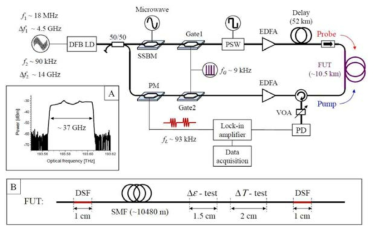 차동 측정 방식과 이중 변조가 도입된 BOCDA 시스템의 구성도. 그림A는 광원의 출력 스펙트럼을, 그림B는 테스트용 광섬유의 구조를 나타냄