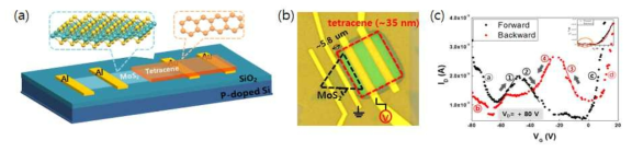 CVD 방법의 단일층 MoS2 위에 OMBD 방법으로 증착된 MoS2/tetracene 하이브리드 n-p 접합 트랜지스터 (a) 모식도, MoS2와 tetracene 분자 화학구조, (b) 광학 현미경 이미지, (c) transfer 특성 곡선