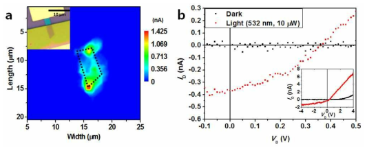 (a) 소스-드레인 전압을 가하지 않았을 때 532 nm 파장, 10 μW 파워의 레이저를 이용한 광전류 맵핑 이미지. 삽입 그림: MoS2/rubrene 하이브리드 광전자 소자의 광학이미지. (b) MoS2/rubrene 하이브리드 구조의 빛 인가 전 (검정), 빛을 인가하였을 때 (빨강) 전압-전류 특성