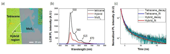 (a) CVD 방법으로 제작된 단일층 MoS2 위에 OMBD 방법으로 증착 된 MoS2/tetracene 하이브리드 구조체의 광학 현미경 이미지. MoS2, tetracene, MoS2/tetracene 하이브리드 각 영역에서의 (b) LCM PL mapping 스펙트럼, (c) tr-PL 스펙트럼