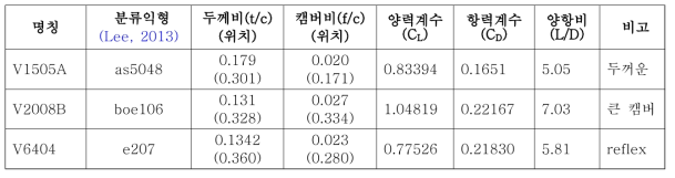 분류 구간에 맞춘 선택한 익형 후보군의 관련특징