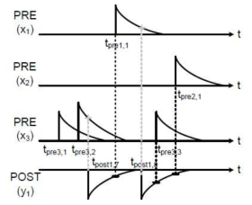 프리시냅틱 뉴런(x1,x2,x3)과 포스트시냅틱 뉴런(y1)의 시간 축에 따른 스파이크 예시도. Y측은 시냅스 연결강도의 변화량을 나타낸다