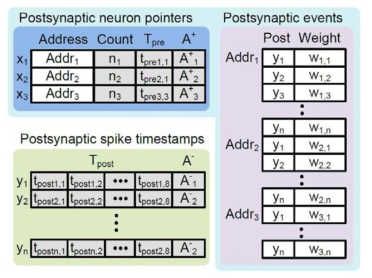 새롭게 제안하는 시냅스 연결 테이블의 논리적 구조도. 박스안에 있는 레이블은 실제 물리적 구성 요소들을 의미하며 박스 밖의 레이블 들은 논리적 구성요소를 의미한다. 회색으로 음영처리 된 부분은 새롭게 제안하는 알고리즘을 구현하기 위해 필요한 추가적인 공간을 의미한다