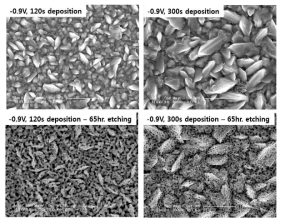 상온 질산용액에서 65시간 식각된 금/은 이종 나노구조체의 전자 현미경 사진