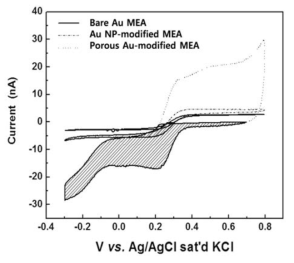 금, 금나노입자, 다공성 금 나노구조체 전극의 CV (주사속도; 50 mV/s)