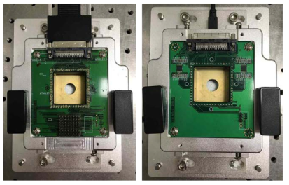 MEA probe stage: 좌) pre-amp 없는 PCB, 우) pre-amp 있는 PCB