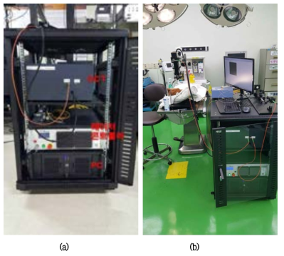 광음향 & OCT 통합시스템 (a) 및 동물실험 수술방에서 비글 동물모델을 대상으로 시스템을 구현하는 모습