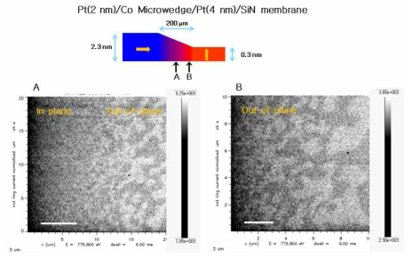 SiN membrane 위에 증착시킨 Pt(2nm)/Co wedge/Pt(4 nm) 박막의 미세자구구조.(STXM으로 관찰) 스핀 방향 전이(spin reorientation transition) 두께 부근에서 자구 구조가 매우 작아짐을 잘 볼수 있다