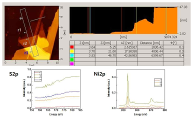NiPS3에 대한 AFM 측정(위) 및 주사투과 X-선 현미경(STXM)에 의한 X-선 흡수 스펙트럼(XAS) 측정(아래) 결과. FePS3 단일층의 두께가 약 2 nm 로 알려져 있으므로 위 영역 중 r1지역은 단일층 혹은 이중층에 해당됨. 측정 결과 FePS3의 경우와는 달리 두께에 대한 의존도가 매우 작음을 알 수 있음