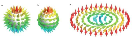 다양한 자성 스커미온의 스핀 배열: a,b 같은 skyrmion 수(q= +1 )를 가지는 3차원 자성 스커미온; c: 2차원 자성 스커미온 (q= +1 )
