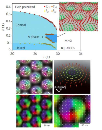 중성자 산란으로 측정된 MnSi의 phase diagram(위)과 Lorentz force microscopy에 의해 측정된 자성 스커미온 격자 구조 영상(아래)