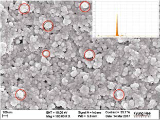 FE-SEM images of gold nanoparticles sputtered on CNTs followed by dealloying. Inset: EDS spectrum of Au-CNT