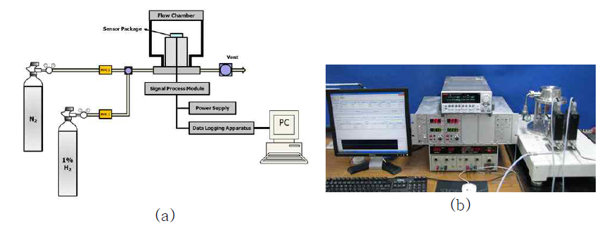 (a) Schematic diagram and (b) photograph of the hydrogen sensing measurement system for the sensor devices