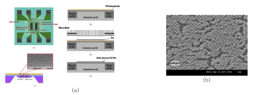 (a) Top view of sensor platform and surface modification process flow for the gate Pd film, (b) SEM image of the nano-bumpy Pd film on the FET sensor platform