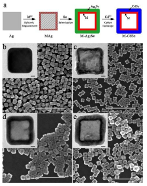 (a) 속이 빈 이충층 금속-반도체 나노구조의 합성 전략, (b) 은 나노입방체, (c) 백금=은 속이 빈 나노입방체, (d) 백금-셀레늄화 은 속이 빈 이중층 나노입방체 및 (e) 백금-셀레늄화 은 속이 빈 이중층 나노입방체의 SEM 및 TEM 이미지