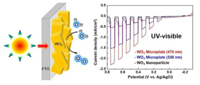 합성된 광전기촉매 텅스텐 산화물의 물의 산화분해반응의 모식도 및 두께에 따른 선형주사전위법을 이용한 광전류 측정 결과