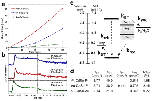 (a) 금속의 종류 조합에 따른 수소 생성 반응 결과. (b) 630 nm에서의 시간에 따른 transient absorption spectroscopy 결과. (c) 본 나노 구조체에서의 광촉매 메커니즘 모식도. (d) transient absorption spectroscopy 분석을 통해 얻어낸 메커니즘 과정의 반응 속도 상수