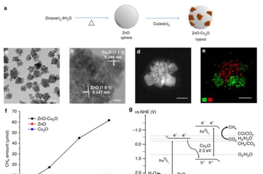 (a) ZnO-Cu2O 나노입자의 합성 모식도 (b, c) ZnO-Cu2O의 TEM 및 HRTEM 이미지와 (d, e) HAADF-STEM 원소분석 이미지 (f) 광촉매적 이산화탄소전환 반응에서의 메탄생성량, ZnO-Cu2O(검은색), ZnO(빨간색), Cu2O(파란색) (g) ZnO-Cu2O의 밴드 정렬과 전자전달 과정