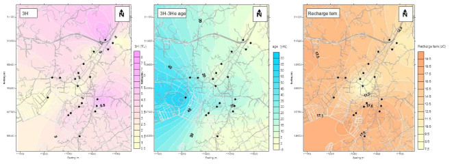 연구지역에서 지구통계기법을 활용한 삼중수소농도, 3H-3He 방법을 활용한 지하수 연령, 지하수 함양온도 값 예측