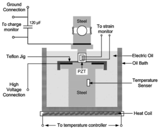Schematic experimental setup for measuring electric displacement and strains of a PZT ceramic cube