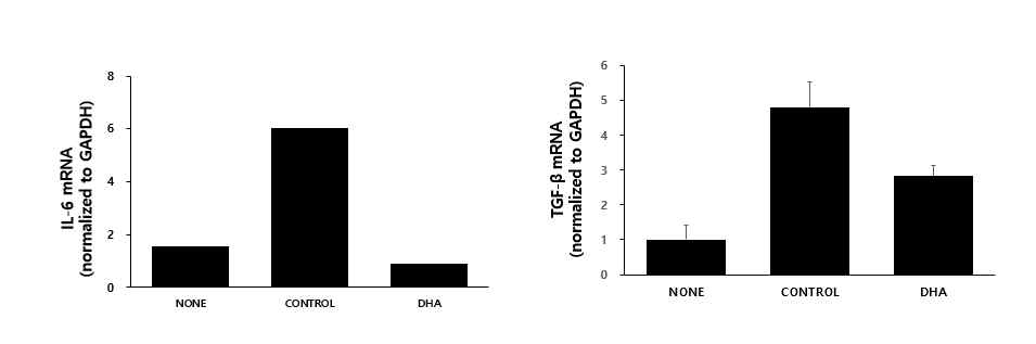 마우스에 cerulein 및 오메가 3 지방산 (DHA)을 투여한 후, 췌장에서 RNA를 추출한 뒤 real-time PCR법을 이용하여 췌장조직내 IL-6와 TGF-β mRNA의 발현변화를 측정하였음