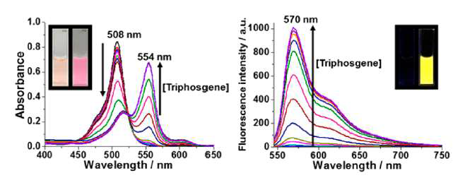 TEA이 포함된 아세토니트릴 용액에 녹아있는 형광 프로브 1-oxime에 다양한 농도의 트리포스겐을 첨가하였을 때의 흡수 (왼쪽) 및 형광 (오른쪽) 그래프. [1-oxime] = 10 mM. [TEA] = 100 mM. [Triphosgene] = 0 – 50 mM