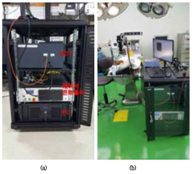 광음향 & OCT 통합시스템 (a) 및 동물실험 수술방에서 비글 동물모델을 대상으로 시스템을 구현하는 모습
