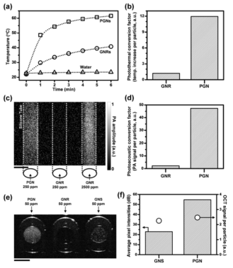 (a,b) Porous gold nanoparticle과 gold nanorod(Nanopartz, AC12-25-850)의 광열 전환 효율 비교, (c,d) Porous gold nanoparticle과 gold nanorod의 PAT 이미징 효율 비교 (e,f) Porous gold nanoparticle, gold nanorod, gold nanosphere(BBI solutions, EM. GC200)의 OCT 이미징 효율 비교. Scale bar = 0.5 mm