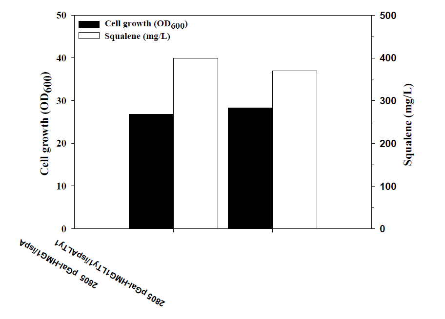 Ty1을 융합 발현시키는 플라스미드를 보유한 S. cerevisiae Y2805 균주에서의 squalene 생산성 비교