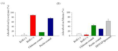 크릴삽입/미삽입 리포좀 및 펙틴 코팅 리포좀 의 (A)양성단백질 및 (B) 음성단백질로의 흡착능 비교