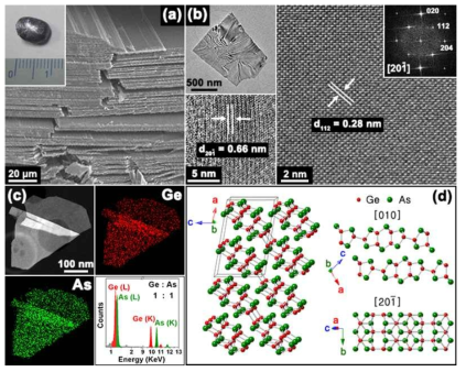 (a) SEM images of the GeAs crystal chunk (photograph) showing a lamellar structure. (b) HRTEM images showing the general morphology of ML-GeAs nanosheets. Lattice-resolved and FFT images at the [201] zone axis (monoclinic phase) show the single-crystalline basal planes. The d spacing between adjacent (112) planes (d112)and() planes (at the lateral side) is 2.8 and 6.6 Å, respectively. (c) HAADF STEM image of a GeAs nanosheet, the EDX mapping of Ge K shell and As K shell, and the EDX spectrum. (d) Crystal structures of GeAs with the monoclinic unit cell. The side and top views correspond to the [010] and [201] zone axes, respectively. At the [010] zone axis, the interlayer axis [201] can be identified