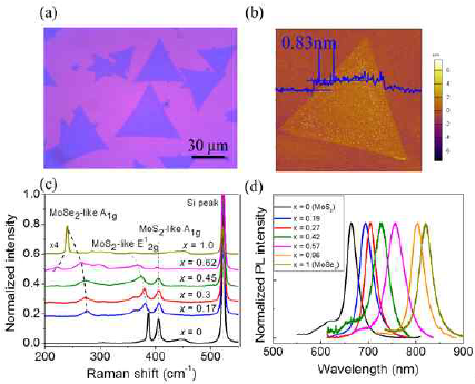 단일층 Mo(S,Se)2에 대한 (a) OM, (b) AFM, (c) Raman Shift 및 (d) Normalized PL