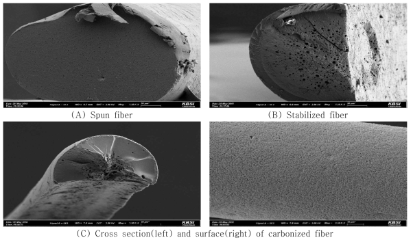 SEM analysis of spun, stabilized, and carbonized fiber from mechanical steel kiln wood tar