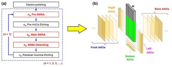 (a) Schematic flow chart. (Blue-dashed box: Unit sequence) (b) Multiple sets of AAOs produced from the corresponding surfaces of the single Al substrate