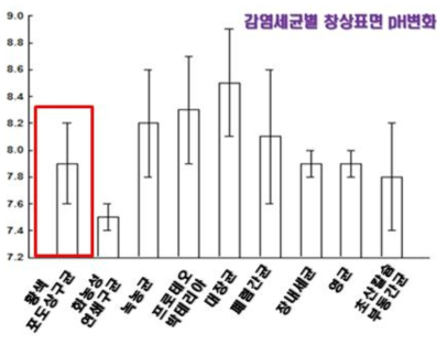 감염세균별 창상표면 pH 변화