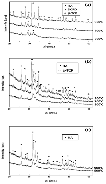 각기 다른 Ca/P 비율을 갖는 합성분말들의 열처리 후 XRD 상합성 결과: (a) Ca/P = 1.4, (b) Ca/P = 1.5 and (b) Ca/P = 1.67