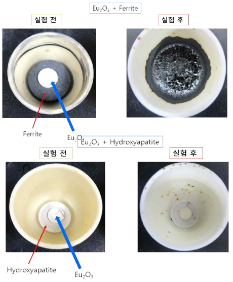 기존의 Sr-ferrite SM 소재와 본 연구를 통해 개발된 SM 소재(HA)의 Eu2O3와의 고온반응성 비교실험: 1500℃, 1시간