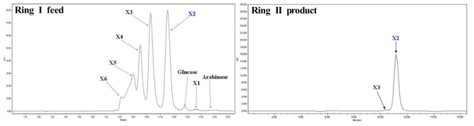 XOS 기반 X2 분리 SMB 공정 실험의 Ring I feed 샘플과 Ring II product 샘플에 대한 HPLC 농도분석 크로마토그램 raw data