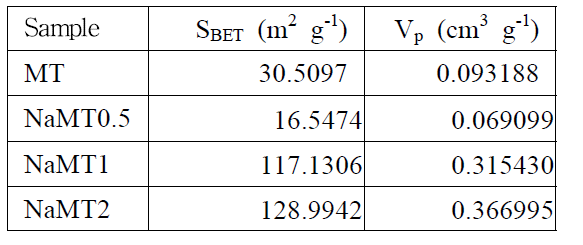 비표면적 및 기공 부피 측정 결과