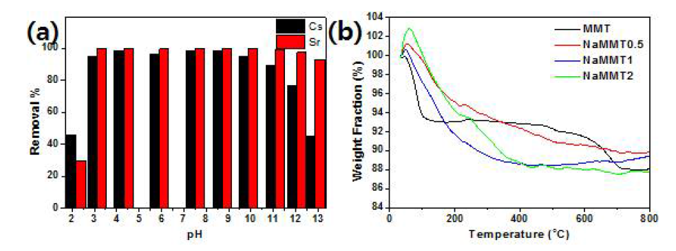 (a) pH에 따른 세슘 및 스트론튬의 동시 흡착 성능 변화 (b) TGA 분석 결과