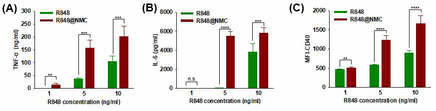 마이크로니들로부터 형성된 소수성 면역증강제인 R848을 포접한 자가조립 나노입자(R848@NMC)에 의한 macrophage의 pro-inflammatory cytokine 분비 (A, B)와 macrophage maturation marker의 발현 증가
