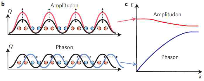 전하밀도파 요동의 종류와 에너지-운동량 분산관계 모식도