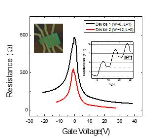 본 연구에서 제작된 탄탈륨/그래핀/탄탈륨 조셉슨 접합의 게이트 전압에 따른 저항측정결과. (삽도 : 소자의 광학현미경 사진)