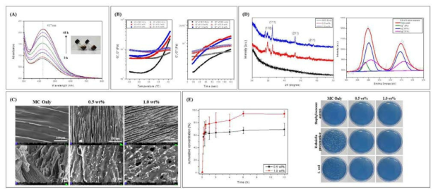 Ag NPs가 도입된 MC 수화젤의 특성분석; (A) UV-Vis, (B) Rheometer(젤화거동), (C) SEM, (D) XRD/XPS, (E) ICP-MS/항균성 평가