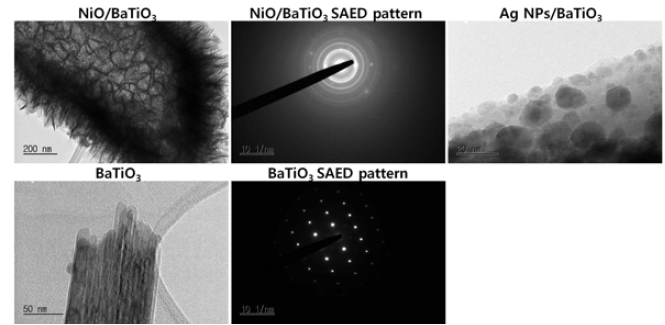 BaTiO3, NiO/BaTiO3 및 Ag NPs/BaTiO3 미세구조