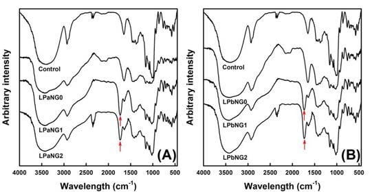 FT-IR spectra of control and starch citrates (LPaNG0-2 & LPbNG0-2) prepared through MLT plasma treatments